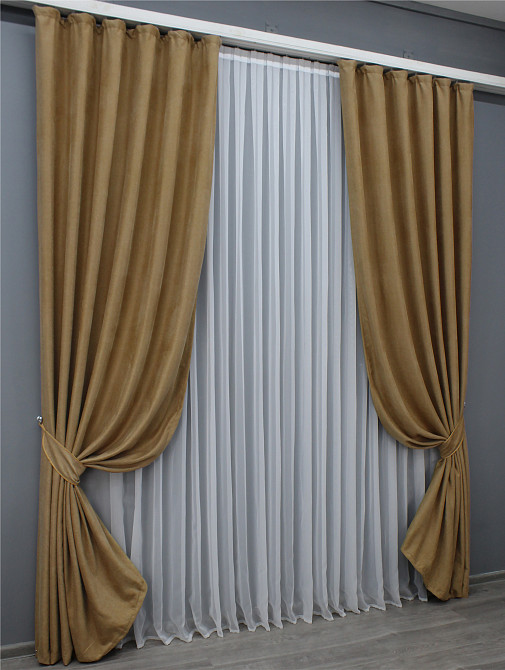 Комплект готовых штор VR-Textil Лен № 1423ш Кофейный 100х275 см 2 шт (31-911) Киев - изображение 3