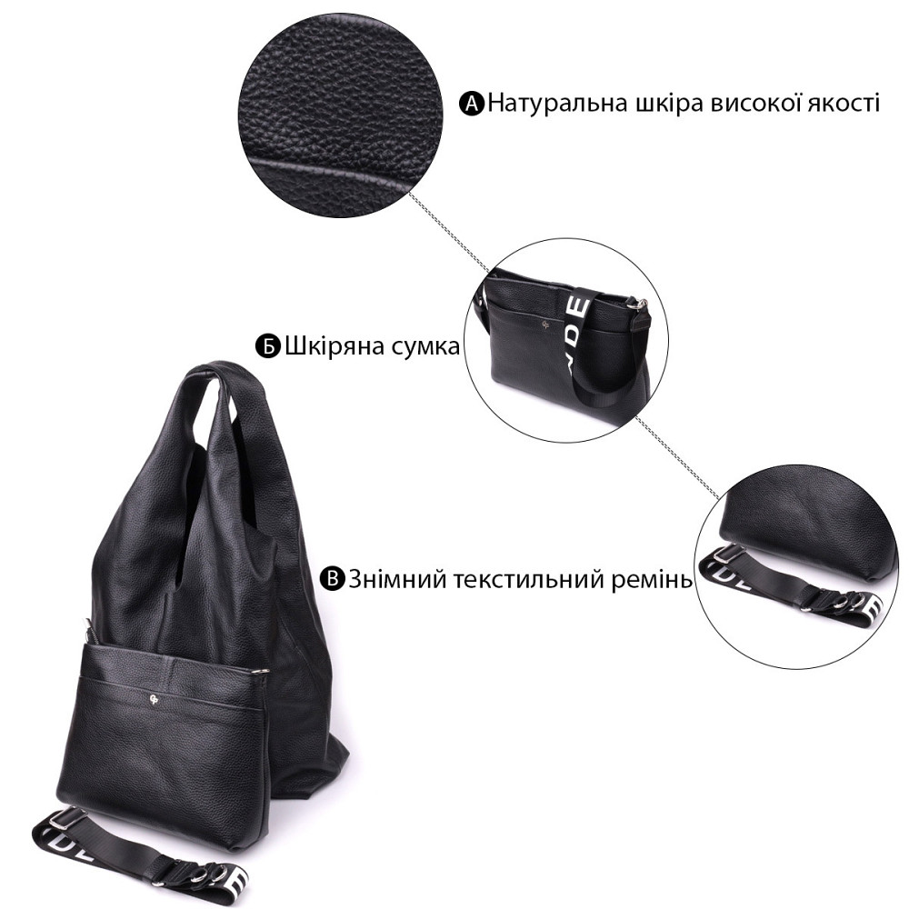 Жіночий шоппер 2 в 1 із натуральної шкіри GRANDE PELLE 22881 Чорний Київ - фото 8