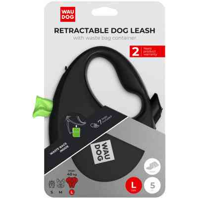 Повідок для собак WAUDOG R-leash з контейнером для пакетів L до 40 кг 5 м чорний (26291) Вінниця