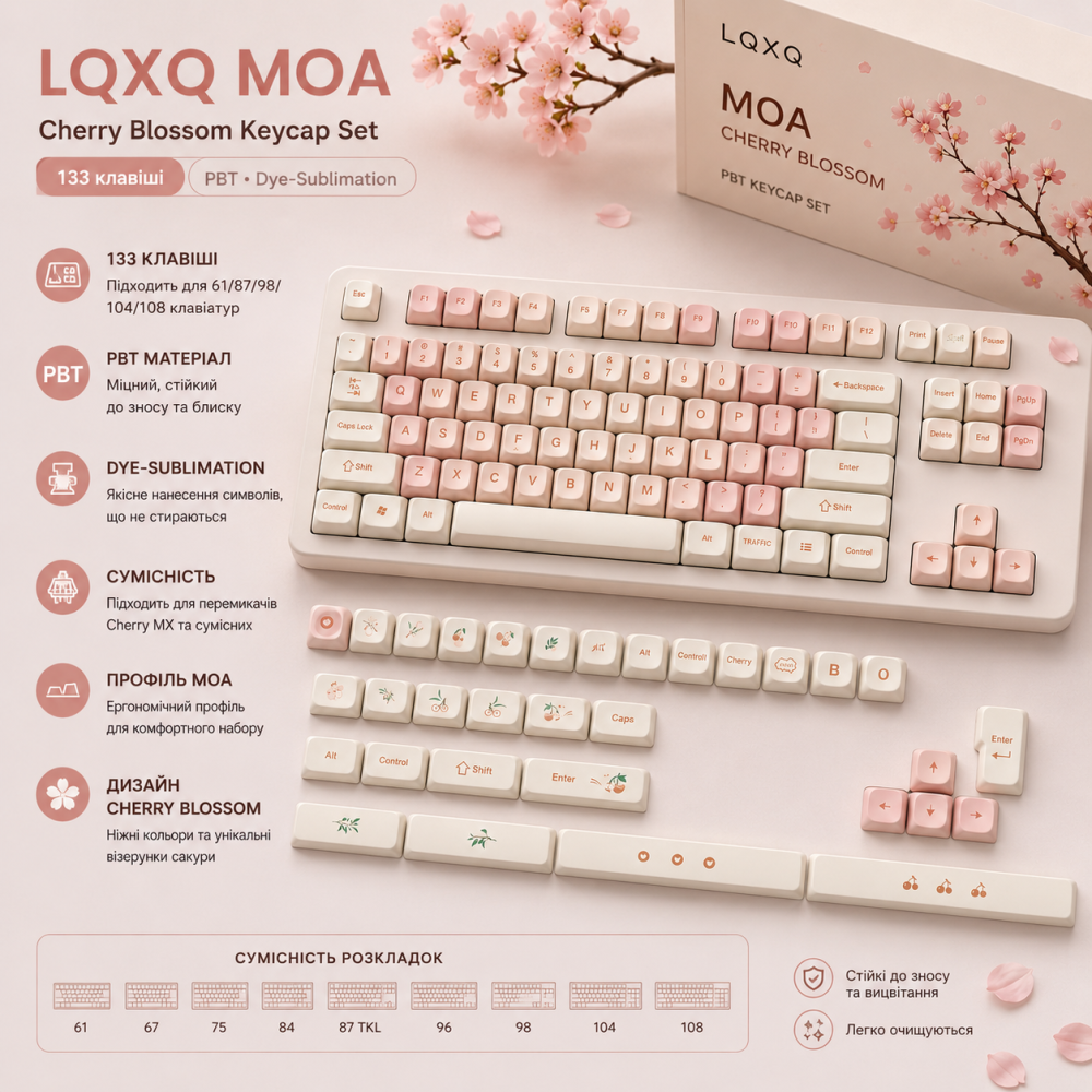 Набор кейкапов LQXQ MOA Cherry Blossom 133 клавиши, PBT, Dye-Sublimation, для механических клавиатур Cherry MX Киев - изображение 1