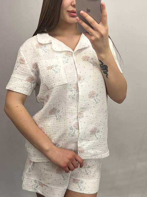 Жіноча піжама з шортами муслінова Молочний кролики M Харків - фото 7