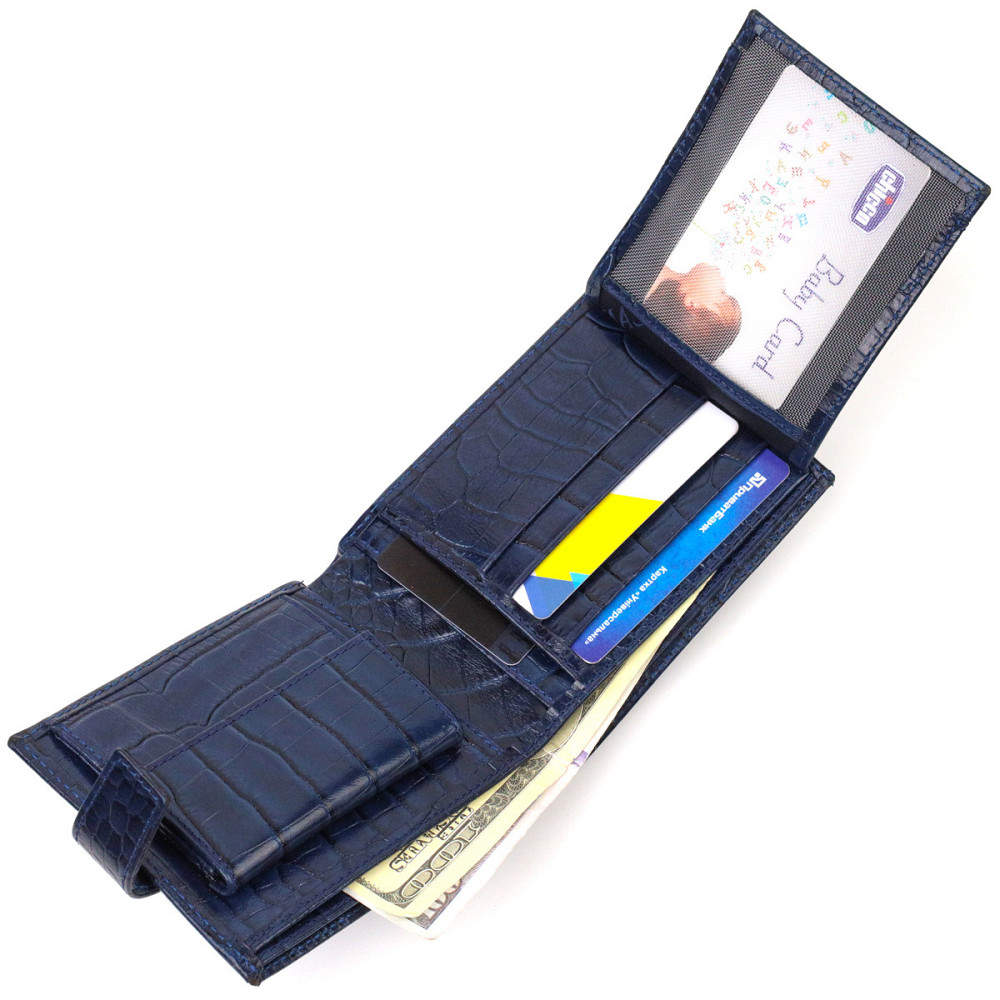 Красивый горизонтальный кошелек для мужчин из натуральной кожи с тиснением под рептилию CANPELLINI 21889 Синий Киев - изображение 4