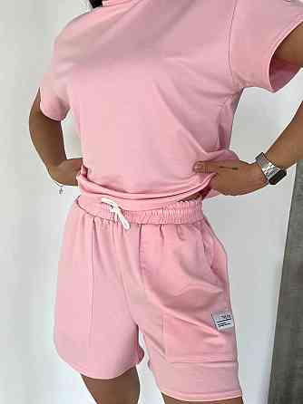Женский летний прогулочный костюм двойка: футболка и шорты двунитка Розовый, 48/52 Одесса