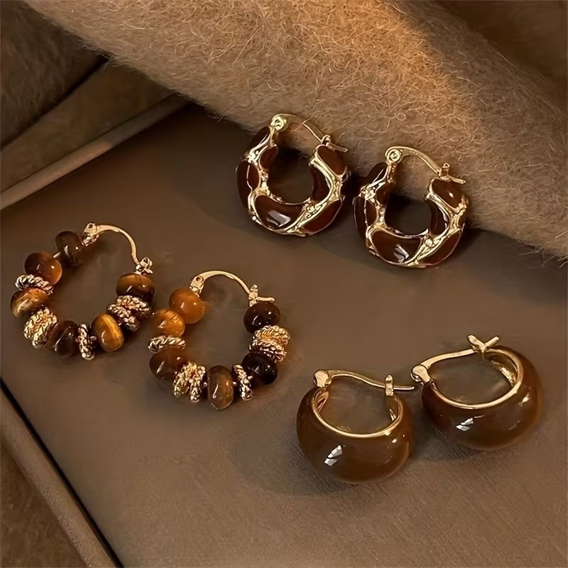 Серьги набор 3 пары в различных дизайнах с эмалью золотистые,женская бижутерия серьги комплект из цинкового сплава Каменец-Подольский - изображение 1