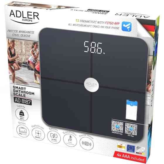 Ваги напольні Adler AD 8187 black електронні/ Smart/ 180кг/ 4хААА/ автовимкнення/ чорні Винница