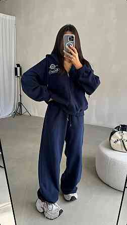 Женский теплый костюм двойка: кофта и штаны свободного кроя трехнитка на флисе Синий, 46/48 Одесса