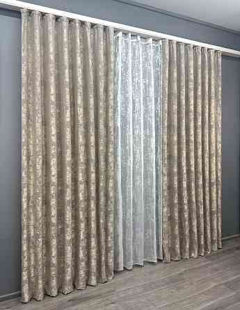 Комплект штор VR-Textil Жакард Мармур 100х270 2шт і Тюль 300х270 1144ш-1400т Кавово-сірий з білим 71-117/1 Київ