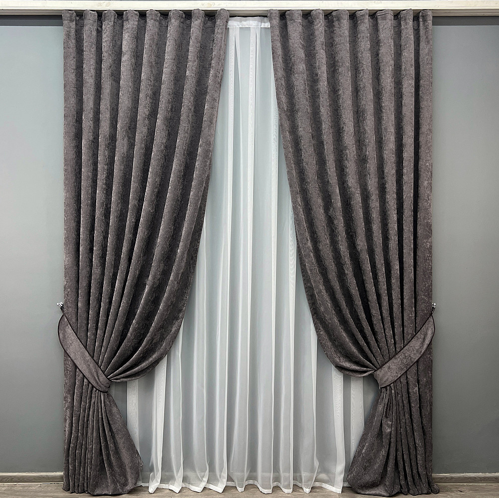 Комплект готових штор VR-Textil Шеніл преміум VELMIRA Rich № 1928ш Сіро-коричневий 150х290 см 2 шт (33-0994) Київ - фото 2