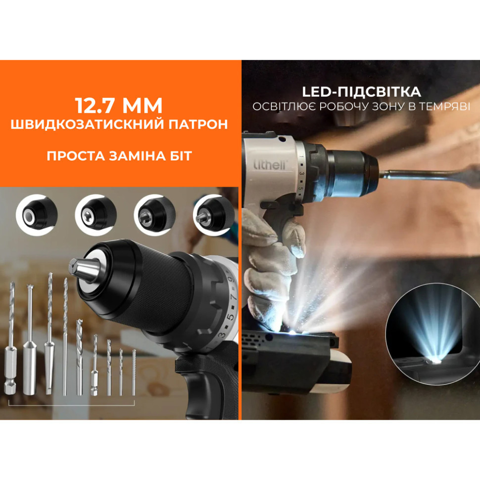 Акумуляторний ударний шурупокрут Litheli безщітковий, живлення від павербанку (УМБ Litheli Power Bank 20000 mAh, 45 W, 2А в Київ - фото 7