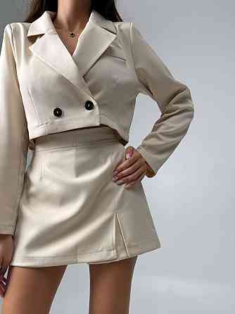 Жіночий стильний костюм-двійка: укорочений піджак і спідниця-шорти костюмка Беж, 46/48 Одеса