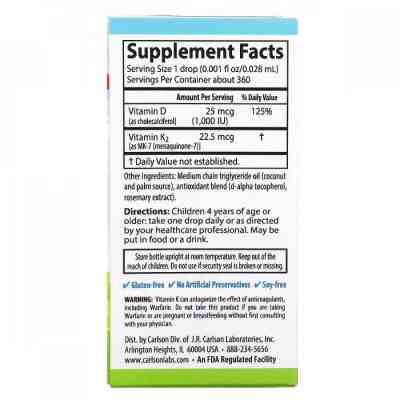 Вітамін Carlson Вітамін D3+K2 для дітей у краплях, 1000 МО та 22,5 мкг, Kid' (CAR-10530) Вінниця