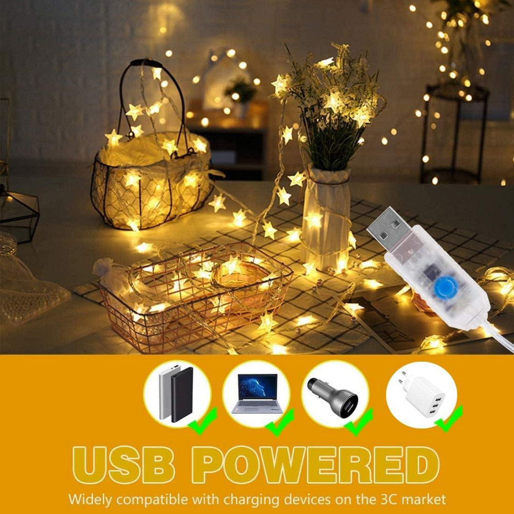LED Гірлянда "Зірки" (10 м, 80 LED, USB): тепле біле світло, 8 режимів, пульт ДУ для святкової атмосфери Київ - фото 7