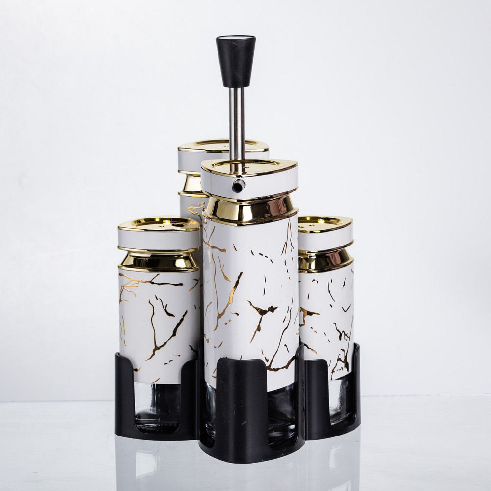 Yiwu Набір баночок для спецій і рідких текстур 4 предмети на підставці білий мармур HP-1331 Коломыя - изображение 5