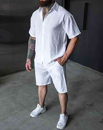 Літній комплект чоловічий сорочка і шорти, лляний чоловічий костюм двійка білий Одеса