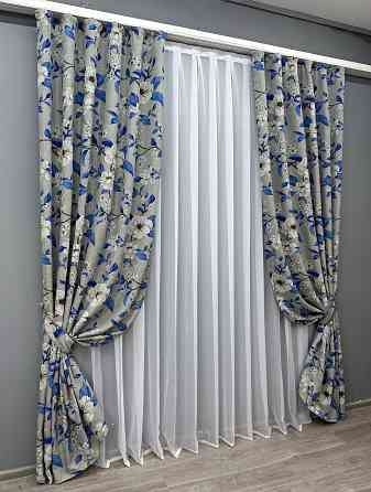 Комплект готових штор VR-Textil Льон з квітковим принтом "Прованс" № 1725ш Світло-сірий з синім 200х265 см 2 шт (32-313) Київ
