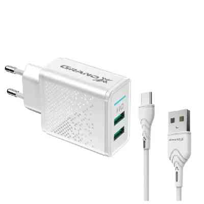 Зарядний пристрій Grand-X CH-60WT 2USB 5V 3.1A + USB-C cable (CH-60WT) Вінниця