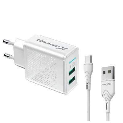 Зарядний пристрій Grand-X CH-60WT 2USB 5V 3.1A + USB-C cable (CH-60WT) Вінниця - фото 1