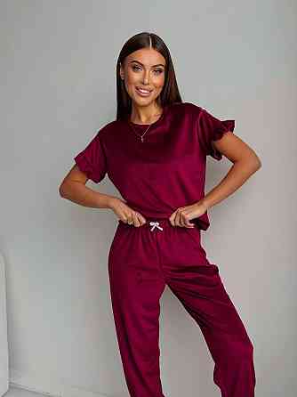 Женская стильная домашняя велюровая пижама Бордовый Одесса