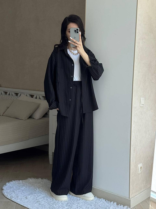 Жіночий базовий костюм-штани: сорочка та штани в смужку турецький тіар Чорний, 48/52 Одеса - фото 2