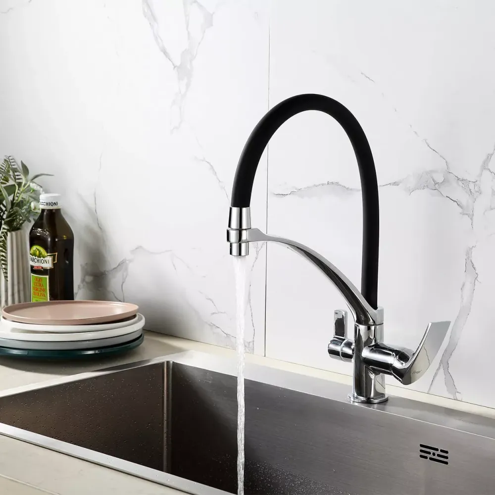 Змішувач для кухні під фільтр Frap F4369 з гнучким виливом, хром/чорний Київ - фото 2