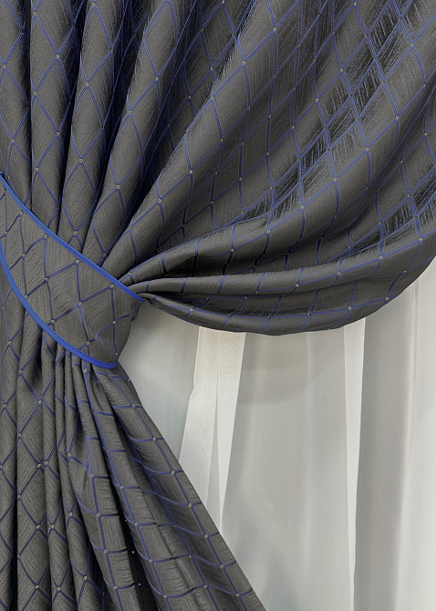 Комплект готових штор VR-Textil Жакард RUBI № 1756ш Графітовий з синім 150х300 см 2 шт (33-0714) Київ - фото 5
