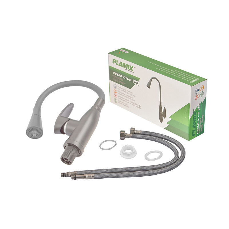Смеситель для кухни PLAMIX CEZAR-011-B SET GRAPHITE REFL.GRAY с силиконовым изливом, с подводом (PM0720) Киев - изображение 4