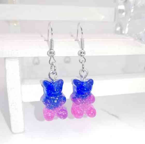 Детские серьги желейный мишка, с блетсками, розовый+синий - размер 1,6*1см, смола Киев