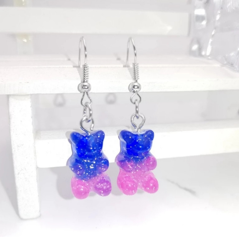 Детские серьги желейный мишка, с блетсками, розовый+синий - размер 1,6*1см, смола Киев - изображение 1