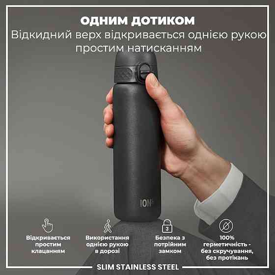 Пляшка для води металева ION8 600 мл. Stainless Steel , Grey Каменское
