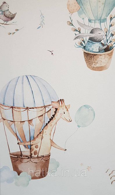 Шпалери флізелінові еко Rasch Kids World 0.53х10 дитячі повітряні кулі жирафи зайці птиці блакитні коричневі Київ - фото 1