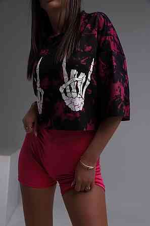 Жіночий стильний літній костюм-двійка: топ tie dye + комбез двонитка + мікродайвінг Малина, 46/48 Одеса