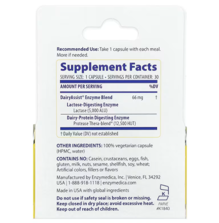 Ферменти для перетравлення лактози Enzymedica DairyAssist 30 капс Київ