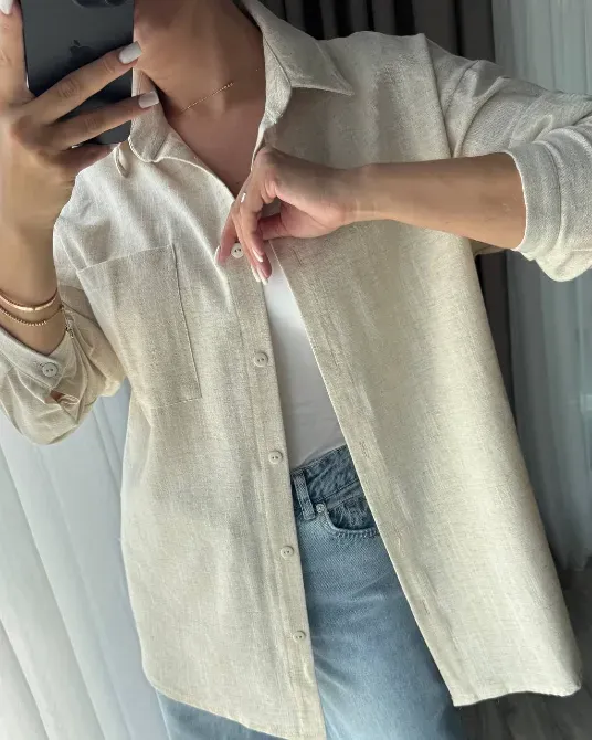 Женская льняная рубашка свободного кроя — мокко, светло-бежевый, светло-серый Одесса - изображение 10