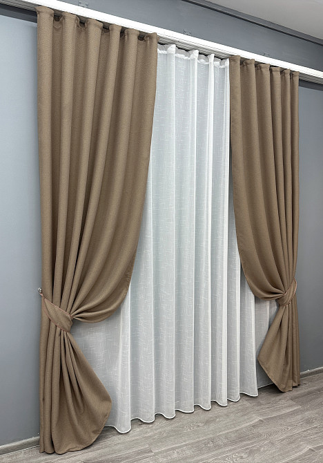 Комплект штор VR-Textil Лен Мешковина 150х270 2шт и Тюль 500х270 825ш-115т Темно-бежевый с белым 71-017/4 Киев - изображение 2