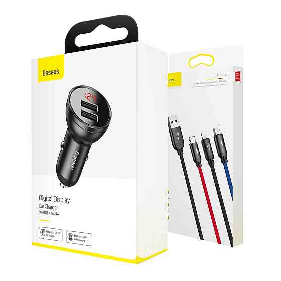 Автомобільний зарядний пристрій Baseus Digital Display Dual USB 4.8A Car Charger 24W+Three Primary Colors 3-in-1 Cable1.2M Київ