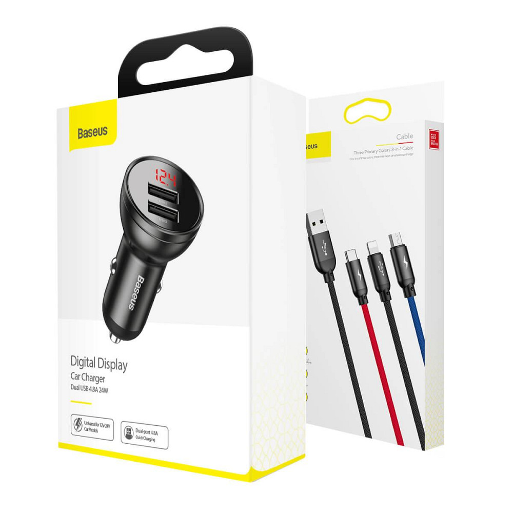Автомобільний зарядний пристрій Baseus Digital Display Dual USB 4.8A Car Charger 24W+Three Primary Colors 3-in-1 Cable1.2M Київ - фото 2