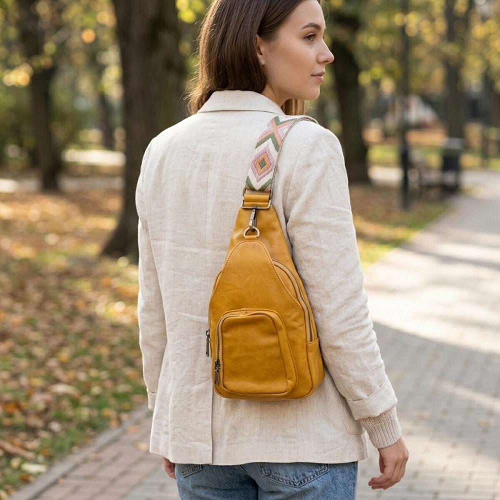 Яскрава жіноча сумка з екошкіри з акцентом на текстильну лямку Vintage 22775 Жовтий Київ - фото 12