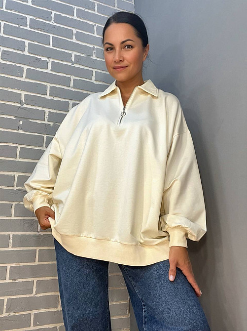 Свитшот женский MY CITY 8779 супер оверсайз свободный воротник молния one size, молочний, one size Киев - изображение 7