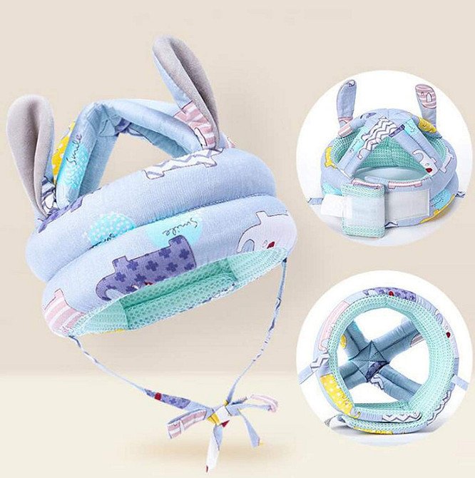 Дитячий м'який протиударний шолом для захисту голови (Фіолетовий, з принтом слона, з вушками) Николаев - изображение 4