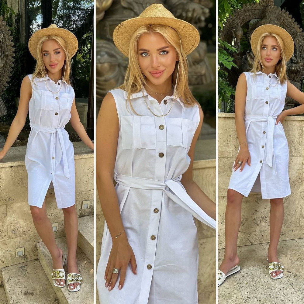 Лляна сукня-сорочка без рукавів "Journey" оптом | Розпродаж моделі Білий, 46-48 Київ - фото 2