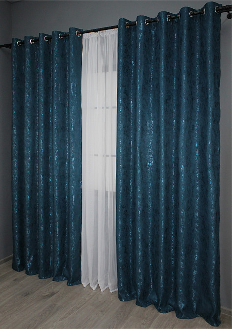 Комплект штор на люверсах VR-Textil Льон мармур Pavliani № 1365ш 150х250 см 2 шт Синій (37-0050) Київ - фото 4