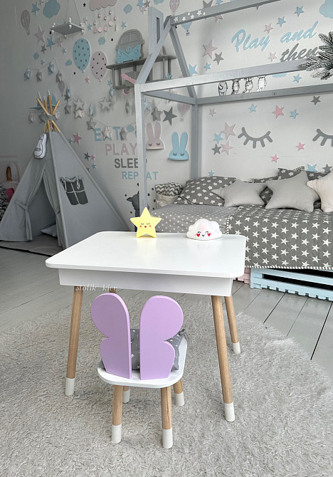 Детский столик белый и стульчик фиолетовая бабочка. Столик с нишей для карандашей и разукрашек Киев - изображение 5