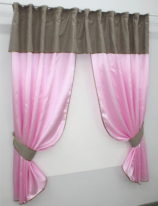 Кухонные шторы VR-Textil № 073к с ламбрекеном и подхватами розовый с какао 270х170 см (52-0473) Киев - изображение 2