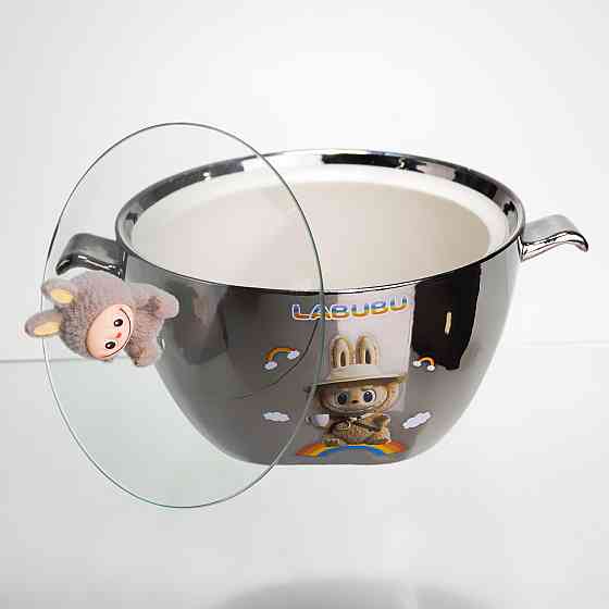 Бульйонниця порцелянова Labubu з кришкою та ручками 800 (мл) Ø15 (см) дитяча тарілка для супу та локшини Сріблястий з коричневим FM-34B Коломия