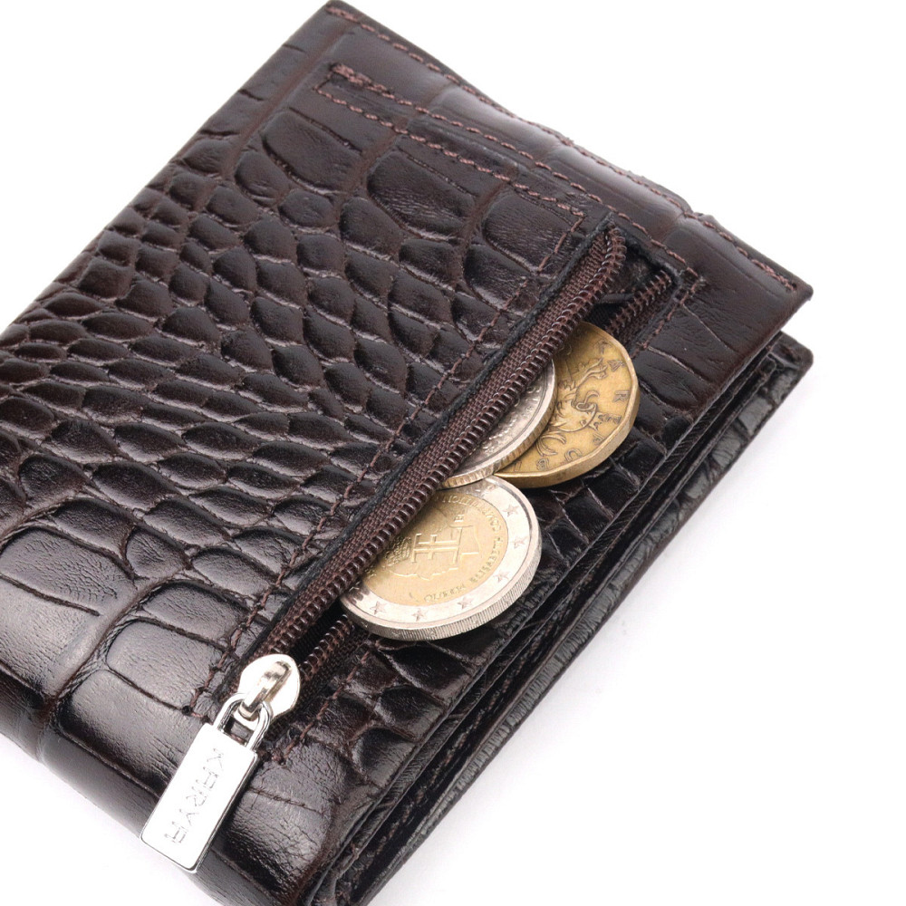 Функциональный мужской зажим из натуральной лакированной фактурной кожи под крокодила Коричневый (KARYA) Киев - изображение 3