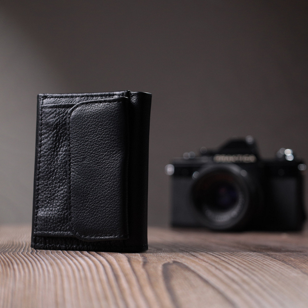 Зручний компактний гаманець з монетницею із натуральної шкіри ST Leather 22742 Чорний Київ - фото 2
