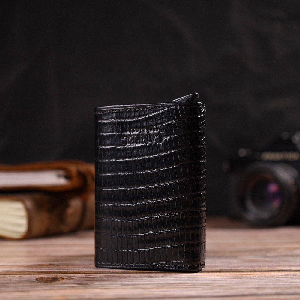 Фактурний картхолдер унісекс у три складання з автоматичним механізмом з натуральної шкіри з тисненням CANPELLINI 21931 Чорний Київ - фото 8
