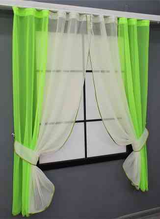 Кухонные шторы VR-Textil № 017к комбинированные с подвязками неоново-салатовый с молочным 265х170 см (52-0889) Киев