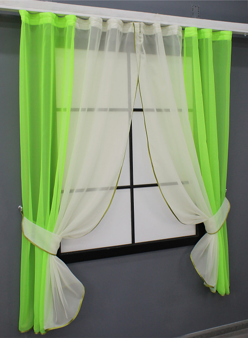 Кухонные шторы VR-Textil № 017к комбинированные с подвязками неоново-салатовый с молочным 265х170 см (52-0889) Киев - изображение 2
