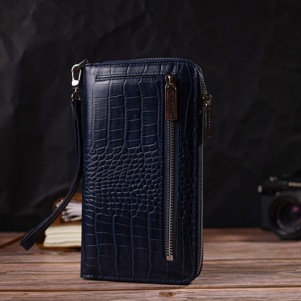 Удобный клатч для женщин из натуральной кожи с тиснением под крокодила CANPELLINI 21922 Синий Киев - изображение 6